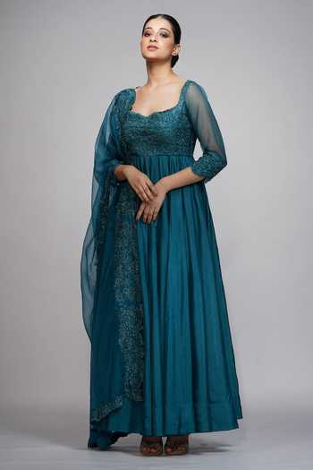 Shruti S_Blue Anarkali Silkchuridar  Satindupatta  Organza Sequin Work Upcycled Set _Online_at_Aza_Fashions