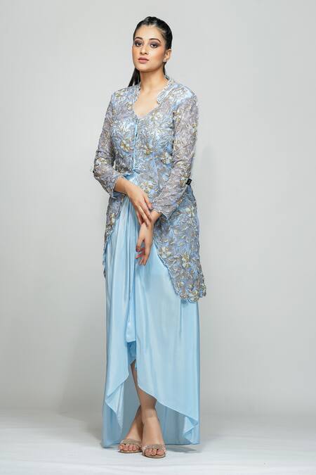 Shruti S_Blue Dhoti Skirt Crepe, Jacket Star Net Floral Motifs Embroidered And Set_Online_at_Aza_Fashions