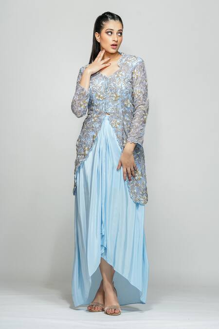 Buy_Shruti S_Blue Dhoti Skirt Crepe, Jacket Star Net Floral Motifs Embroidered And Set_Online_at_Aza_Fashions
