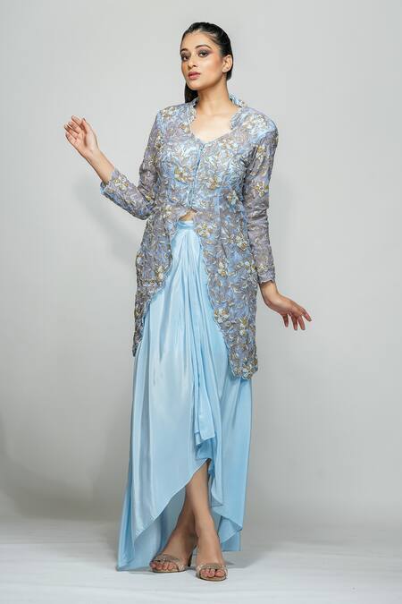 Shop_Shruti S_Blue Dhoti Skirt Crepe, Jacket Star Net Floral Motifs Embroidered And Set_Online_at_Aza_Fashions