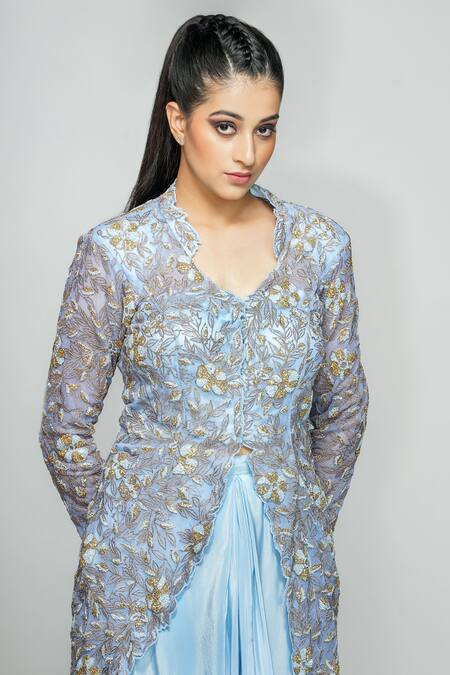 Shruti S_Blue Dhoti Skirt Crepe, Jacket Star Net Floral Motifs Embroidered And Set_at_Aza_Fashions