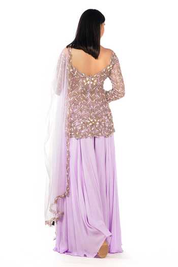 Shop Shruti S Purple Kurta And Dupatta Star Net, Sharara Crepe Floral Motifs Embroidered Set at Aza Fashions Shop_Shruti S_Purple Kurta And Dupatta Star Net, Sharara Crepe Floral Motifs Embroidered Set _at_Aza_Fashions