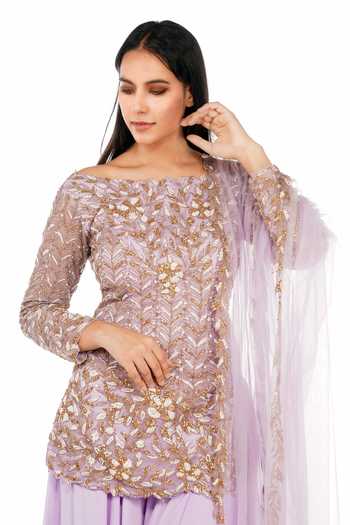 Buy Shruti S Purple Kurta And Dupatta Star Net, Sharara Crepe Floral Motifs Embroidered Set Online at Aza Fashions Buy_Shruti S_Purple Kurta And Dupatta Star Net, Sharara Crepe Floral Motifs Embroidered Set _Online_at_Aza_Fashions