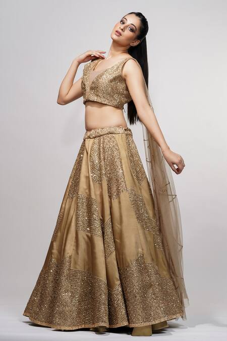 Buy_Shruti S_Gold Silk, Star Net Sequin, Zari Square Neck Embroidered Blouse And Lehenga Set_Online_at_Aza_Fashions