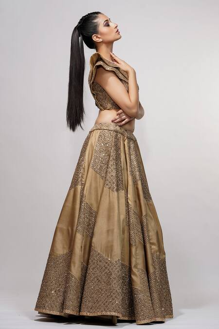Shop_Shruti S_Gold Silk, Star Net Sequin, Zari Square Neck Embroidered Blouse And Lehenga Set_Online_at_Aza_Fashions