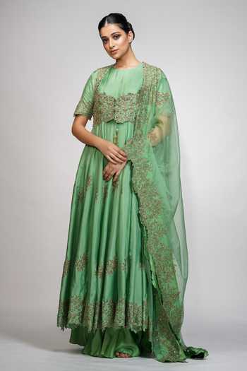 Shruti S_Green Silk, Organza, Modal Satin Sequin Jacket Embroidered And Anarkali Set _Online_at_Aza_Fashions