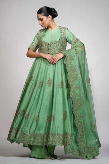 Buy_Shruti S_Green Silk, Organza, Modal Satin Sequin Jacket Embroidered And Anarkali Set _Online_at_Aza_Fashions