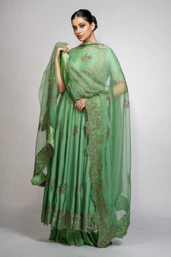 Shop_Shruti S_Green Silk, Organza, Modal Satin Sequin Jacket Embroidered And Anarkali Set _Online_at_Aza_Fashions