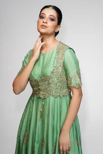 Shruti S_Green Silk, Organza, Modal Satin Sequin Jacket Embroidered And Anarkali Set _at_Aza_Fashions