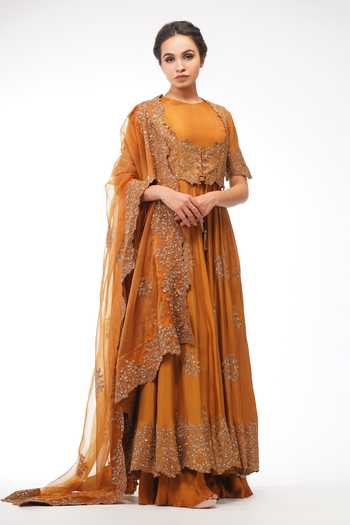Shruti S_Yellow Silk, Organza, Modal Satin Sequin Jacket Embroidered And Anarkali Set _Online_at_Aza_Fashions