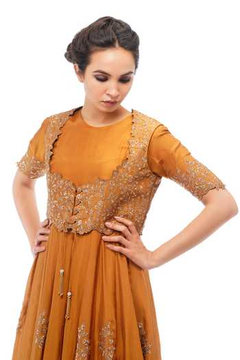 Shruti S_Yellow Silk, Organza, Modal Satin Sequin Jacket Embroidered And Anarkali Set _at_Aza_Fashions