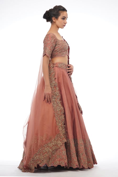 Shruti S_Brown Silk, Organza Floral, Sequin, Zari Scoop Neck Pleated Lehenga Set_Online_at_Aza_Fashions
