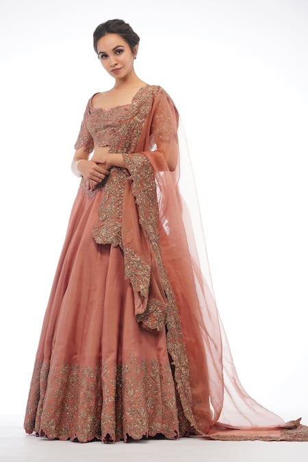 Buy_Shruti S_Brown Silk, Organza Floral, Sequin, Zari Scoop Neck Pleated Lehenga Set_Online_at_Aza_Fashions