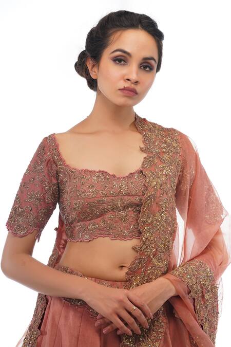 Shop_Shruti S_Brown Silk, Organza Floral, Sequin, Zari Scoop Neck Pleated Lehenga Set_Online_at_Aza_Fashions