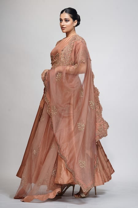 Shruti S_Brown Silk, Organza, Modal Satin Sequin Jacket Embroidered And Anarkali Set_Online_at_Aza_Fashions