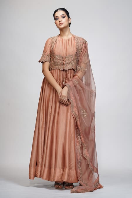 Buy_Shruti S_Brown Silk, Organza, Modal Satin Sequin Jacket Embroidered And Anarkali Set_Online_at_Aza_Fashions