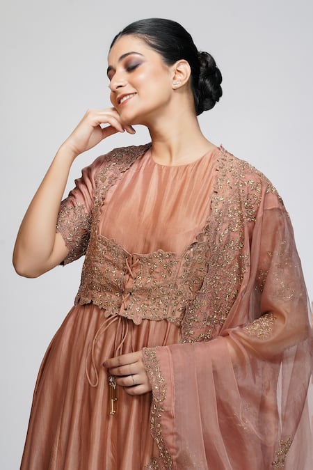 Shruti S_Brown Silk, Organza, Modal Satin Sequin Jacket Embroidered And Anarkali Set_at_Aza_Fashions