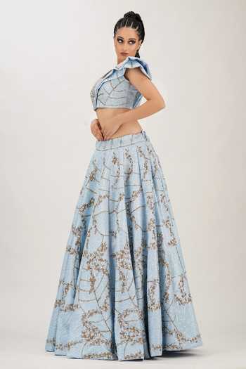 Shruti S_Blue Silk, Star Net Floral, Sequin Work, Zari Embroidered Lehenga And Blouse Set _Online_at_Aza_Fashions