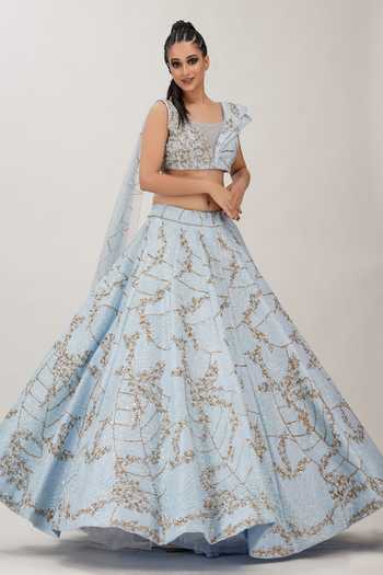 Buy_Shruti S_Blue Silk, Star Net Floral, Sequin Work, Zari Embroidered Lehenga And Blouse Set _Online_at_Aza_Fashions