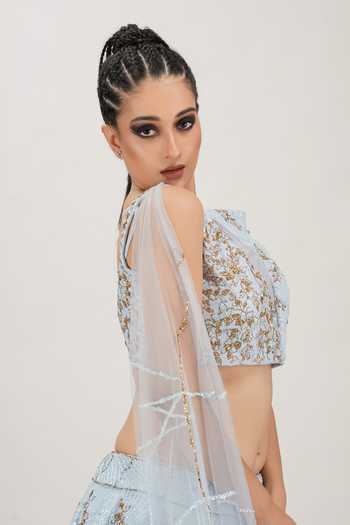 Shop_Shruti S_Blue Silk, Star Net Floral, Sequin Work, Zari Embroidered Lehenga And Blouse Set _Online_at_Aza_Fashions