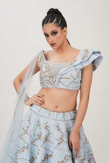 Shruti S_Blue Silk, Star Net Floral, Sequin Work, Zari Embroidered Lehenga And Blouse Set _at_Aza_Fashions