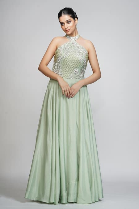 Shruti S_Green Silk Cutdana, Pearl, Sequin, Zari Halter Neck Gown_Online_at_Aza_Fashions