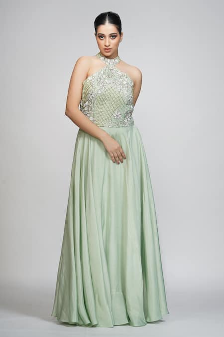 Buy_Shruti S_Green Silk Cutdana, Pearl, Sequin, Zari Halter Neck Gown_Online_at_Aza_Fashions