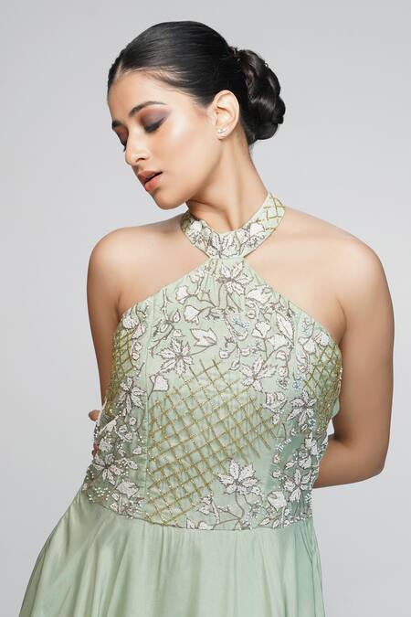 Shop_Shruti S_Green Silk Cutdana, Pearl, Sequin, Zari Halter Neck Gown_Online_at_Aza_Fashions