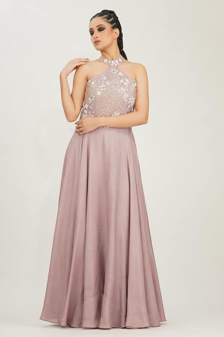 Shruti S Purple Silk Cutdana , Pearl , Zari Halter Neck Embroidered Gown 