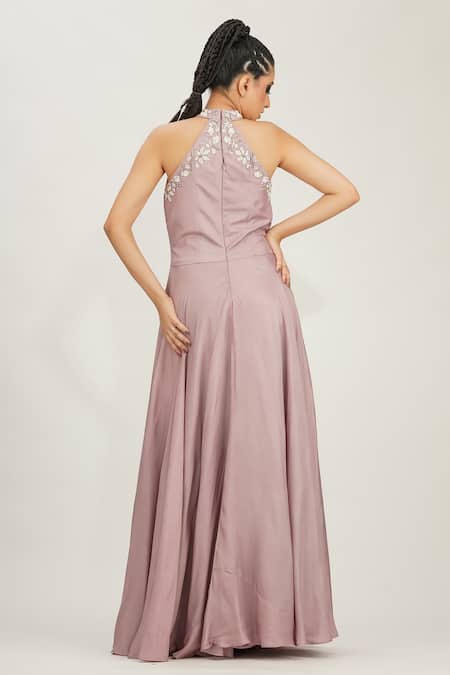 Shop_Shruti S_Purple Silk Cutdana , Pearl , Zari Halter Neck Embroidered Gown _at_Aza_Fashions
