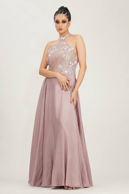 Shruti S_Purple Silk Cutdana , Pearl , Zari Halter Neck Embroidered Gown _Online_at_Aza_Fashions