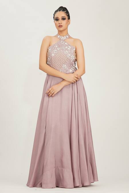 Buy_Shruti S_Purple Silk Cutdana , Pearl , Zari Halter Neck Embroidered Gown _Online_at_Aza_Fashions