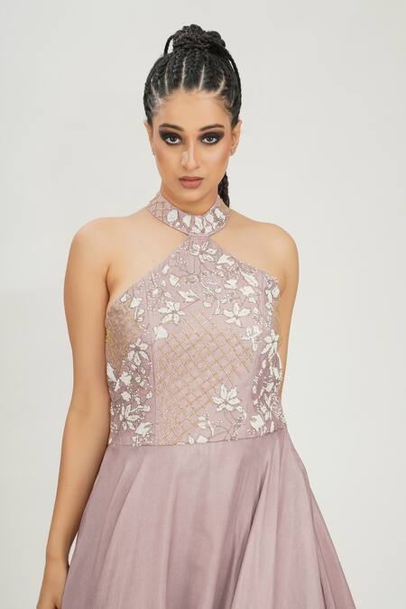 Shruti S_Purple Silk Cutdana , Pearl , Zari Halter Neck Embroidered Gown _at_Aza_Fashions