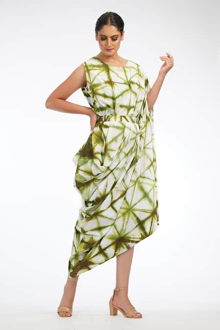 Shruti S_Green Cotton Tie Dye Round Shibori Toga Dress_Online_at_Aza_Fashions