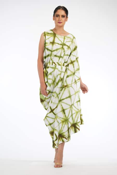Buy_Shruti S_Green Cotton Tie Dye Round Shibori Toga Dress_Online_at_Aza_Fashions