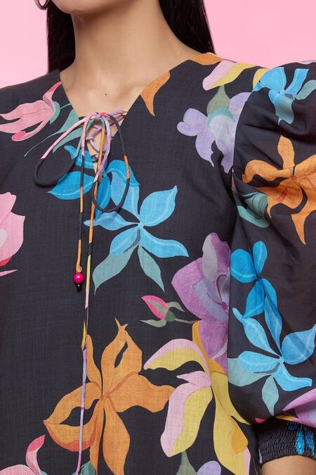 Sonam Parmar Jhawar_Black Linen Floral V Neck Cheri Balloon Sleeve Dress _at_Aza_Fashions