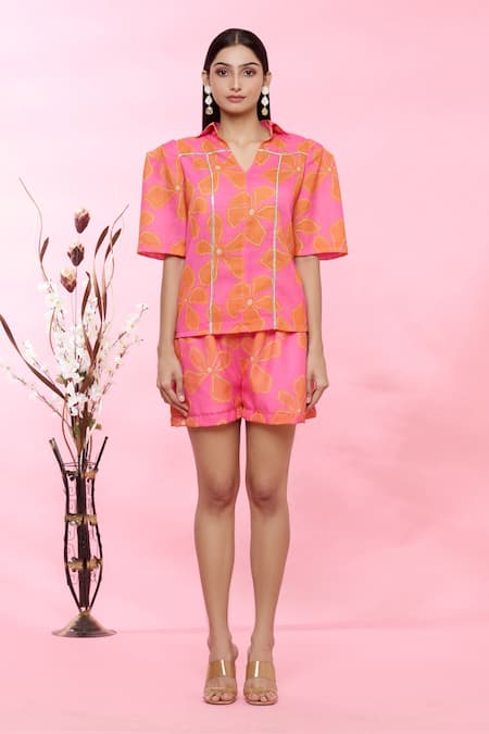 Buy_Sonam Parmar Jhawar_Orange Linen Floral Collared Neck Missy Top And Shorts Set _Online_at_Aza_Fashions