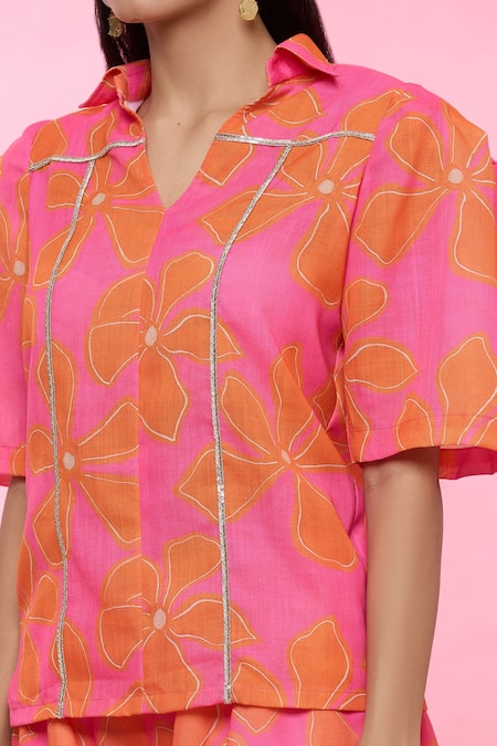 Shop_Sonam Parmar Jhawar_Orange Linen Floral Collared Neck Missy Top And Shorts Set _Online_at_Aza_Fashions