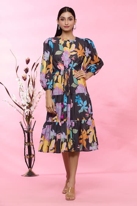 Buy_Sonam Parmar Jhawar_Multi Color Linen Floral Round Print Dress _Online_at_Aza_Fashions