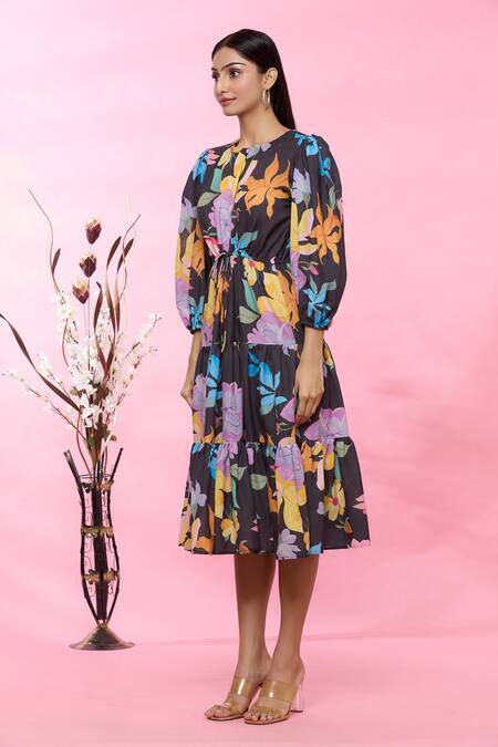 Shop_Sonam Parmar Jhawar_Multi Color Linen Floral Round Print Dress _Online_at_Aza_Fashions