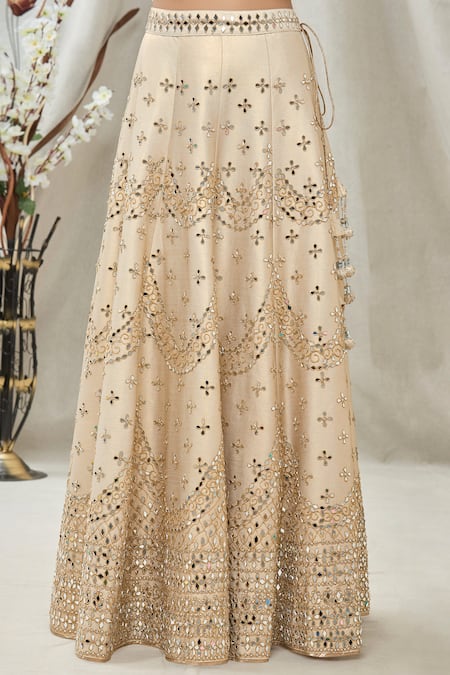 Shop_Vandana Sethi_Gold Dupion Silk Floral, Mirror, Scallop Leaf Embroidered Bridal Lehenga Set _Online_at_Aza_Fashions