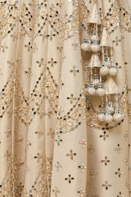 Vandana Sethi_Gold Dupion Silk Floral, Mirror, Scallop Leaf Embroidered Bridal Lehenga Set _at_Aza_Fashions