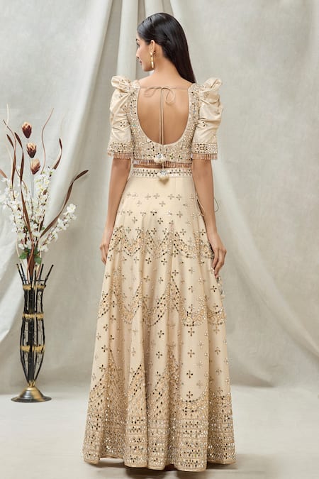 Shop_Vandana Sethi_Gold Dupion Silk Floral, Mirror, Scallop Leaf Embroidered Bridal Lehenga Set _at_Aza_Fashions
