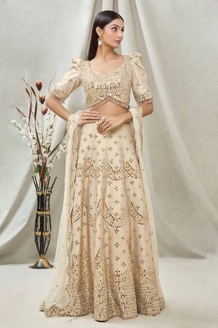 Vandana Sethi_Gold Dupion Silk Floral, Mirror, Scallop Leaf Embroidered Bridal Lehenga Set _Online_at_Aza_Fashions