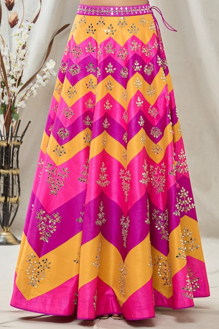 Shop Vandana Sethi Pink Dupion Silk Chevron, Mirror Sweetheart Neck Embroidered Lehenga Set Online at Aza Fashions Shop_Vandana Sethi_Pink Dupion Silk Chevron, Mirror Sweetheart Neck Embroidered Lehenga Set_Online_at_Aza_Fashions