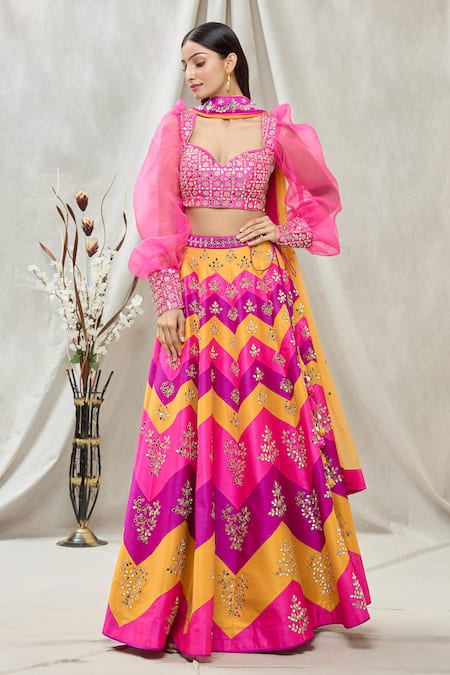 Vandana Sethi Pink Dupion Silk Chevron, Mirror Sweetheart Neck Embroidered Lehenga Set Online at Aza Fashions Vandana Sethi_Pink Dupion Silk Chevron, Mirror Sweetheart Neck Embroidered Lehenga Set_Online_at_Aza_Fashions