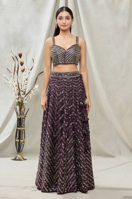 Buy_Vandana Sethi_Purple Dupion Silk Cutdana, Geometric Sweetheart Neck Embroidered Lehenga Set _Online_at_Aza_Fashions
