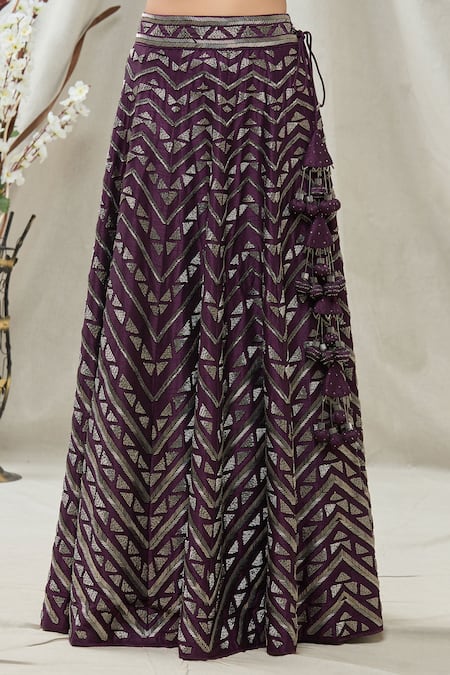 Shop_Vandana Sethi_Purple Dupion Silk Cutdana, Geometric Sweetheart Neck Embroidered Lehenga Set _Online_at_Aza_Fashions