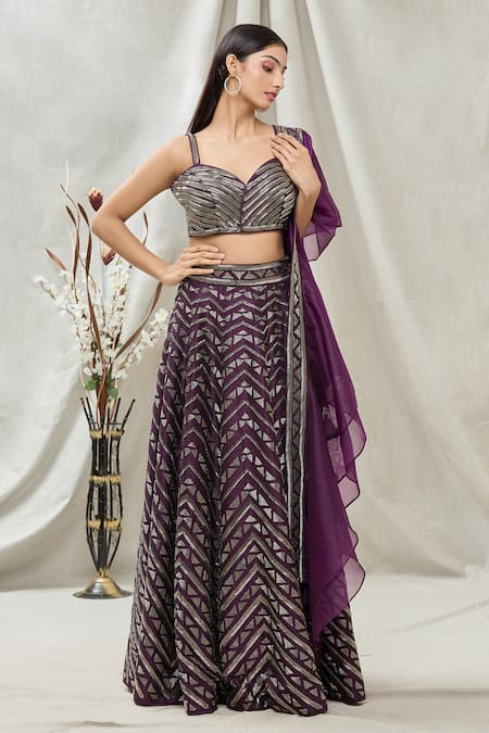 Vandana Sethi_Purple Dupion Silk Cutdana, Geometric Sweetheart Neck Embroidered Lehenga Set _Online_at_Aza_Fashions