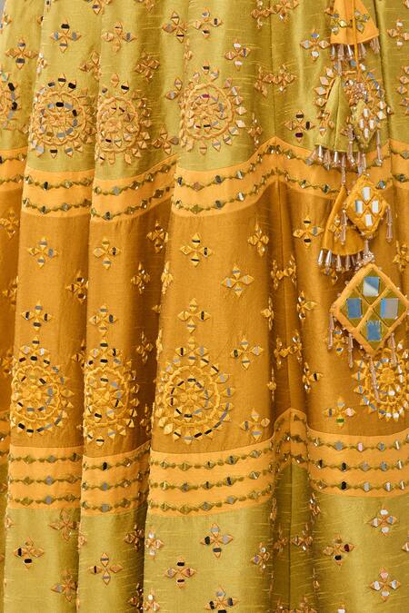 Vandana Sethi_Green Dupion Silk Floral, Geometric, Mirror Embroidered Bridal Lehenga Set_at_Aza_Fashions